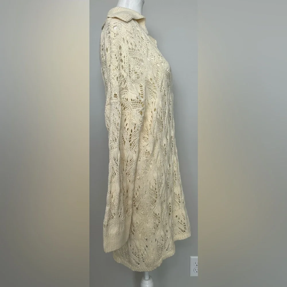 Free People Elton Sweater Dress Cream‎ Open Knit Collared Long Sleeve Boho M